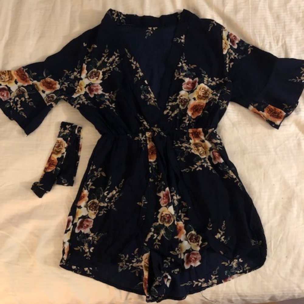 Sleeved Navy Blue Floral Romper